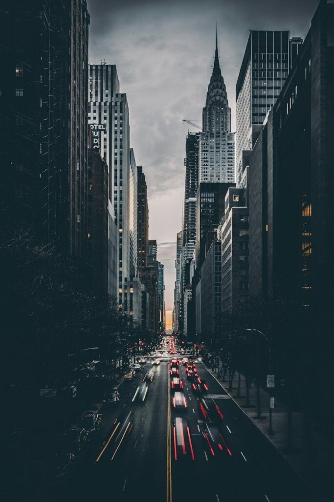 vehicles between buildings